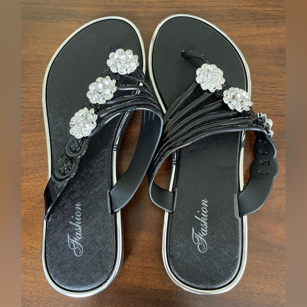 Black Women's Sandals with Floral Accents